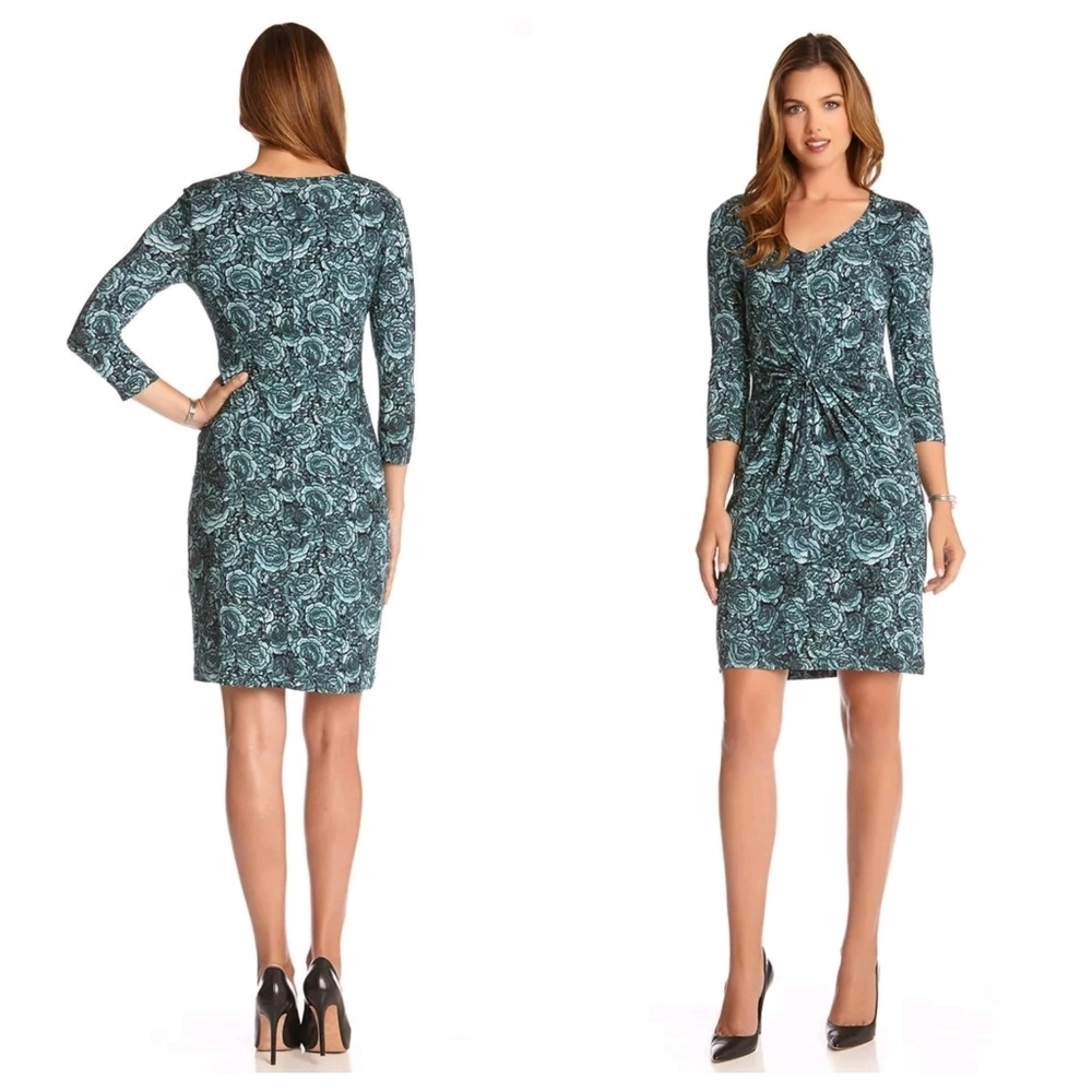 Karen Kane Blue Floral Twisted Front Shift Dress S Cottagecore Dainty Minimalist